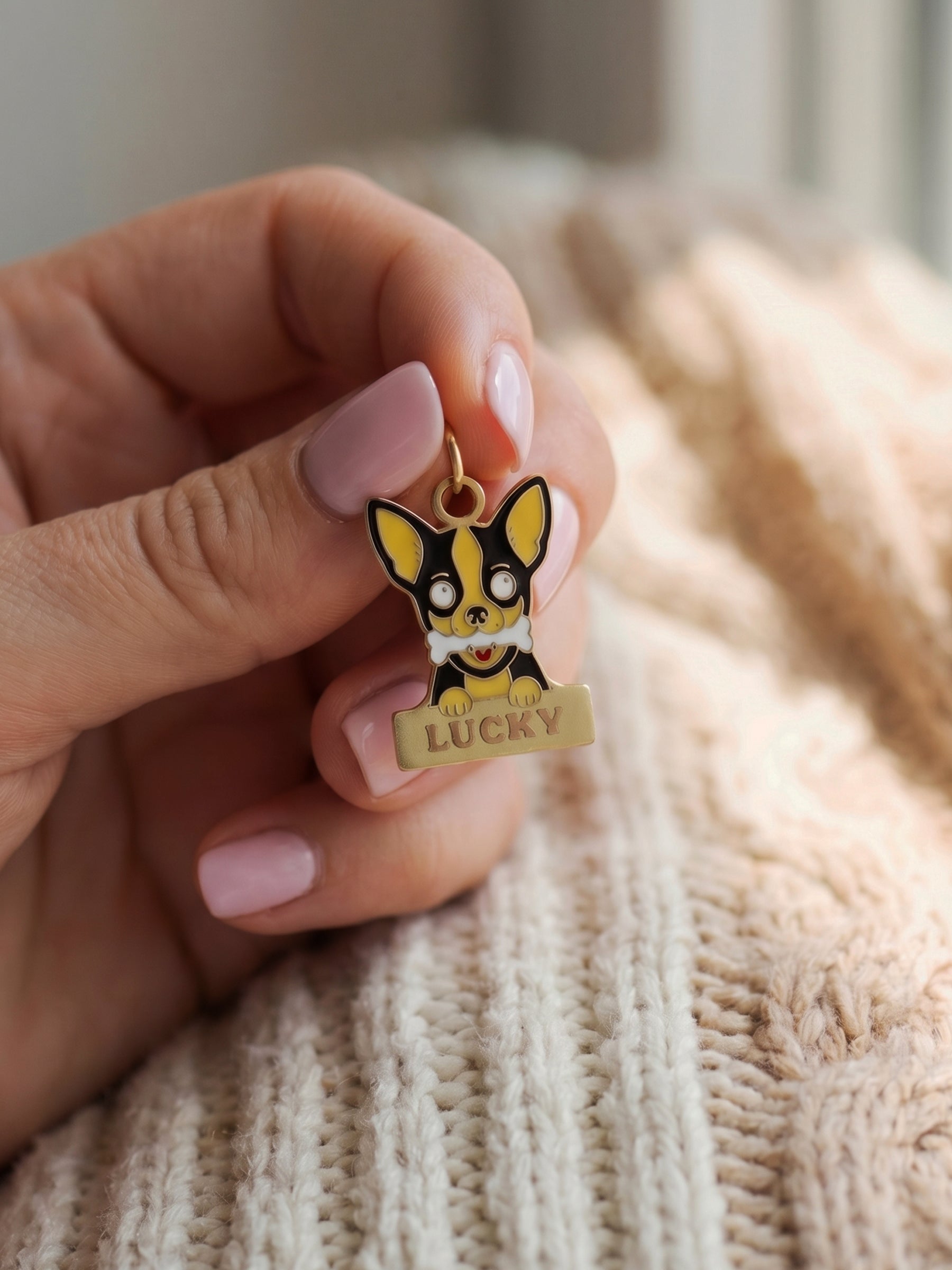 Sevimli Chihuahua figürlü künye, kemik tutan köpek tasarımıyla özel üretim evcil hayvan aksesuarı.