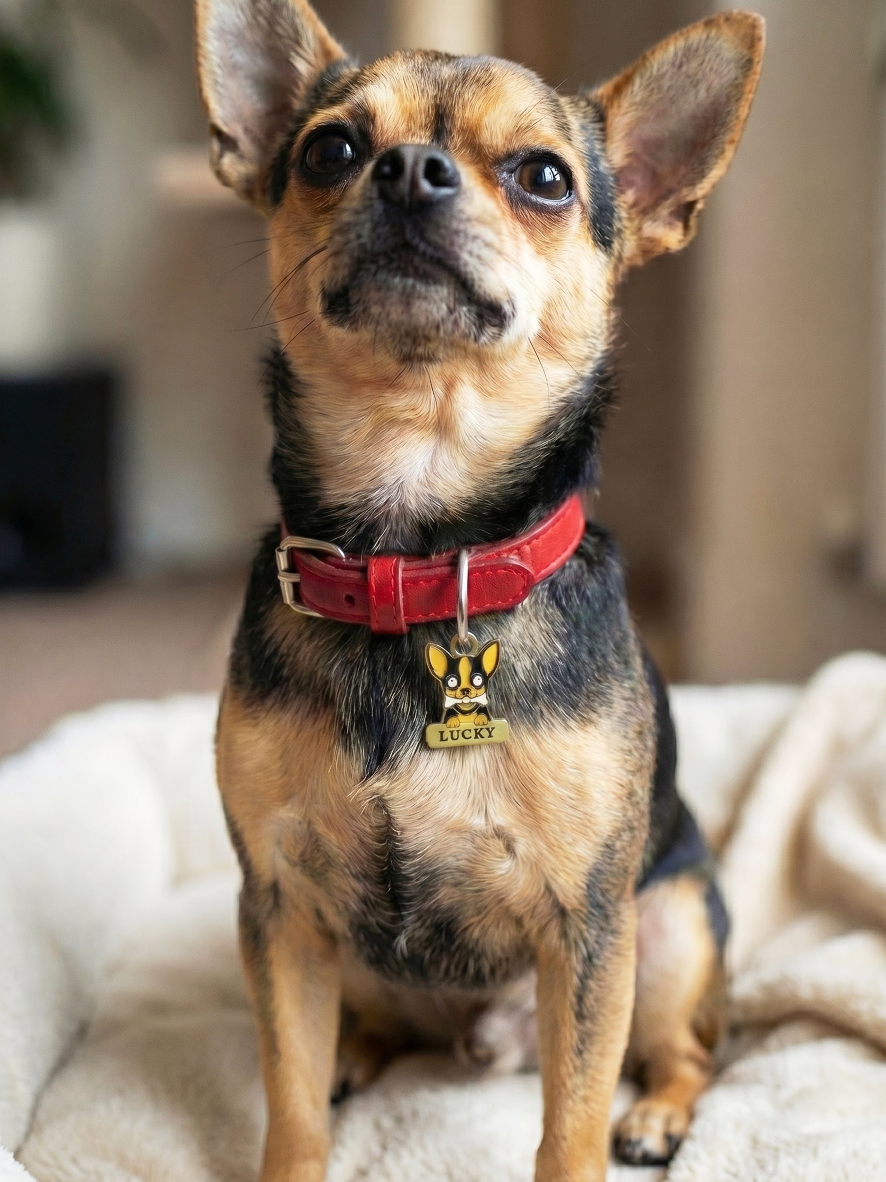 işiye özel isim yazılabilen Chihuahua köpek künyesi, küçük ırklar için şık ve sevimli tasarım.