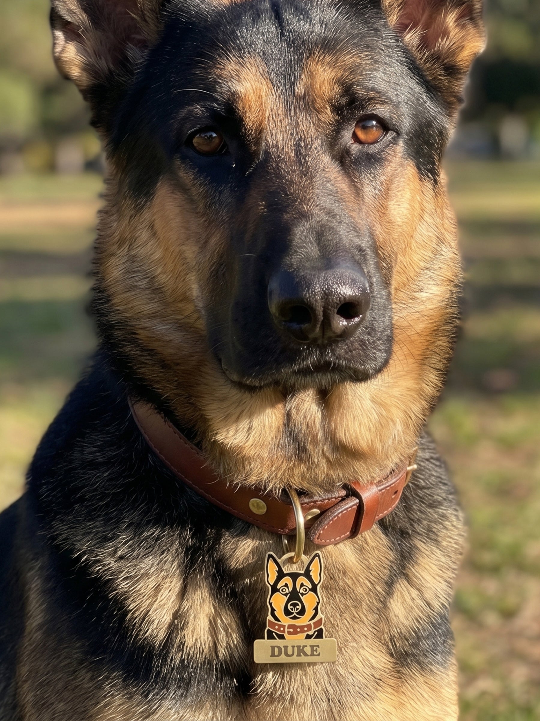 Alman Çoban Köpeği figürlü köpek künyesi, kişiye özel isim yazdırılabilir dayanıklı metal aksesuar.