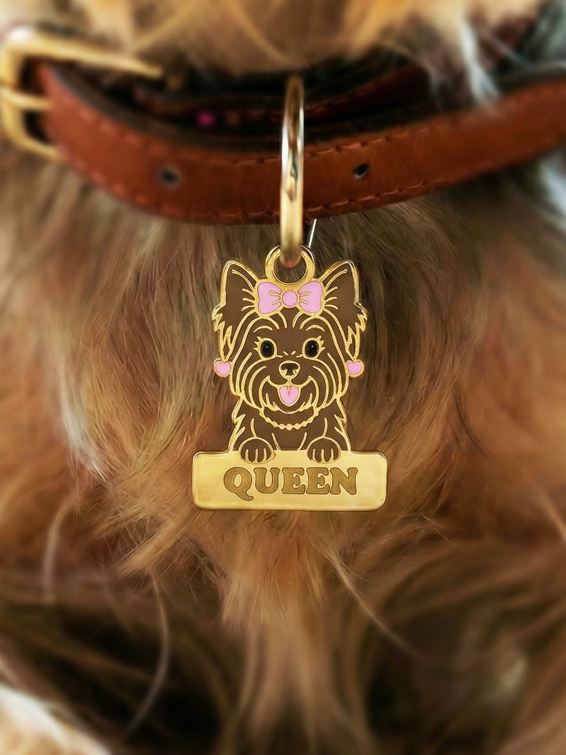 Yorkshire Terrier figürlü köpek künyesi, kişiye özel isim yazdırılabilir altın renk metal aksesuar.