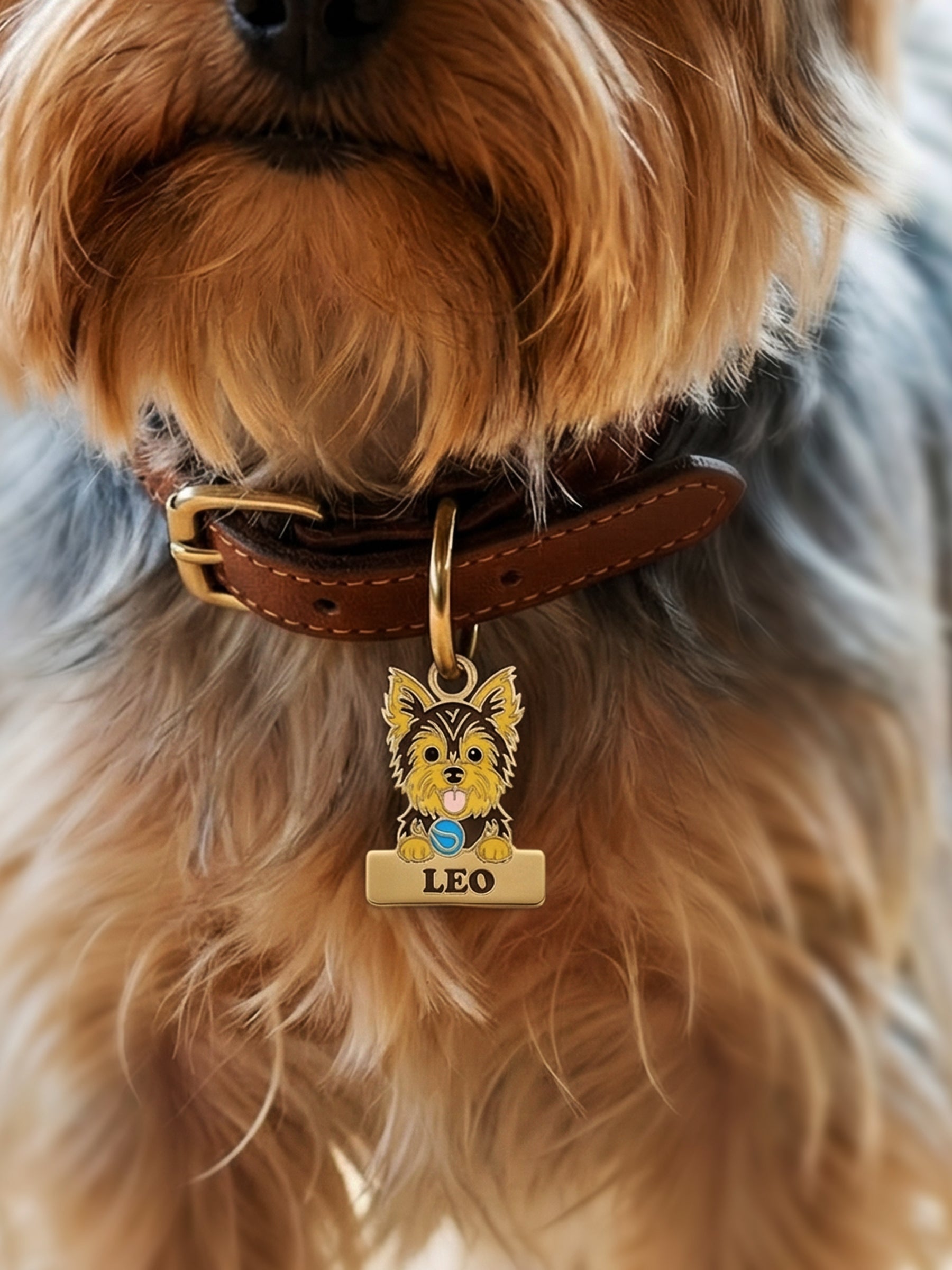 kişiye özel erkek yorkshire terrier künyesi isim gravürlü yakın çekim