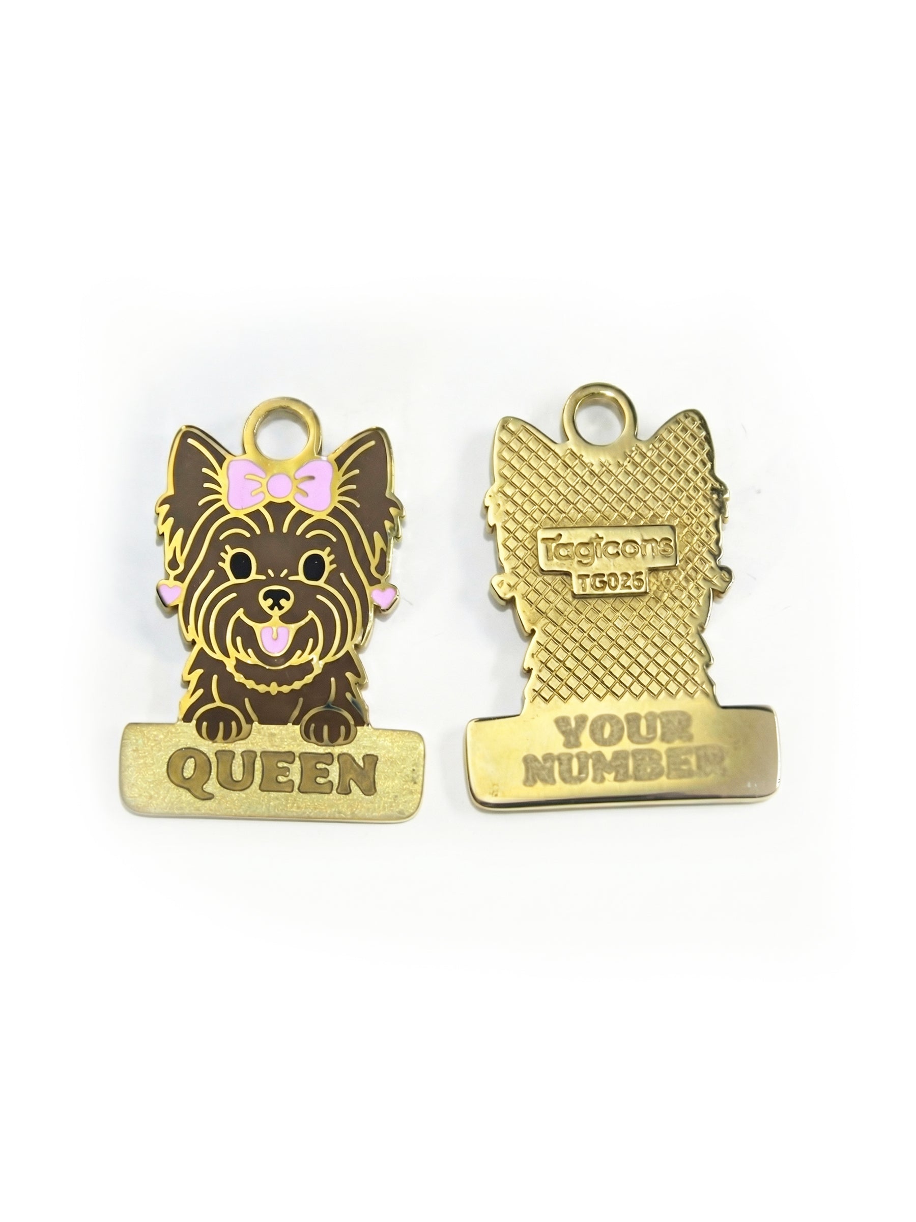 Küçük köpekler için Yorkshire figürlü isimlik künye, kişiye özel yazı seçeneği sunan özel tasarım ürün.