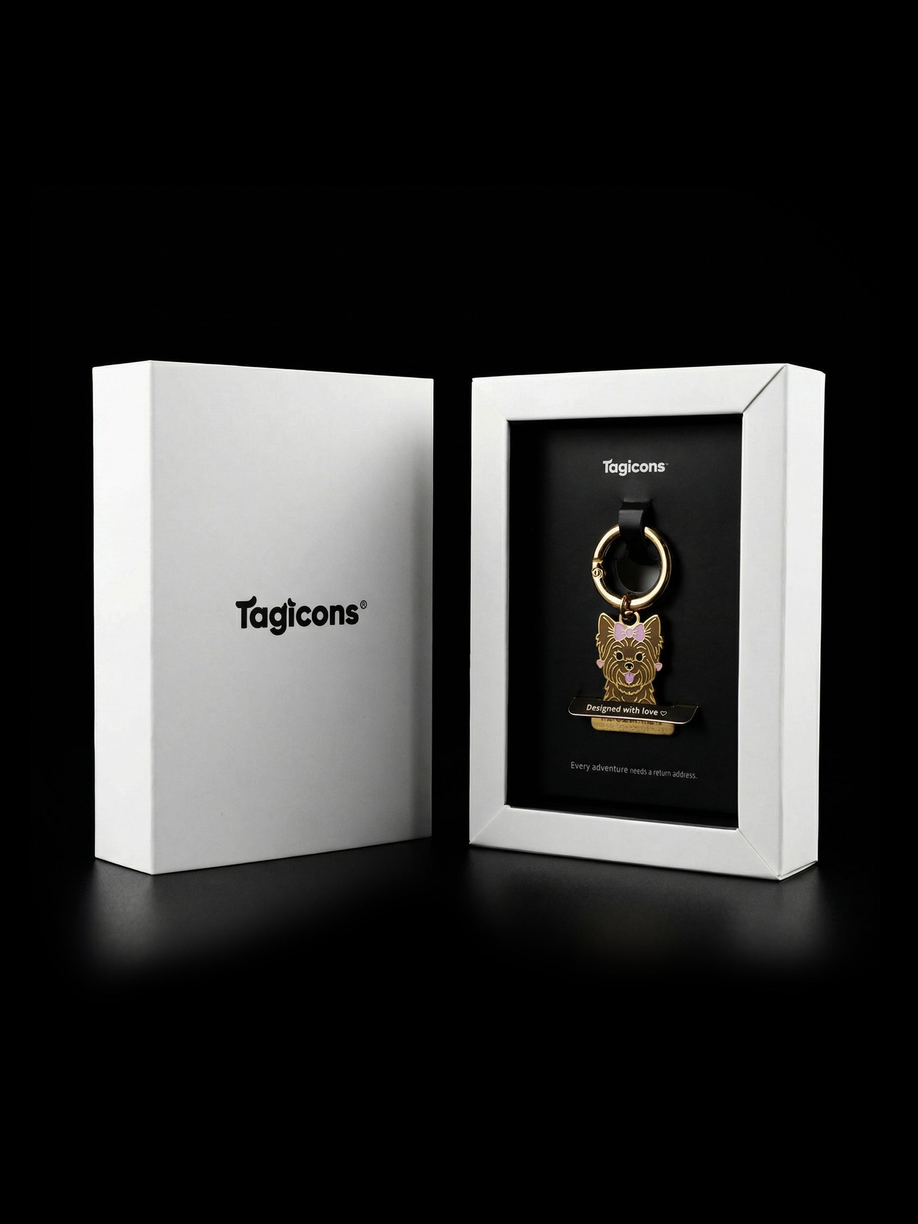 Yorkshire Terrier temalı kişiselleştirilebilir künye, isme özel üretim şık ve dayanıklı aksesuar.