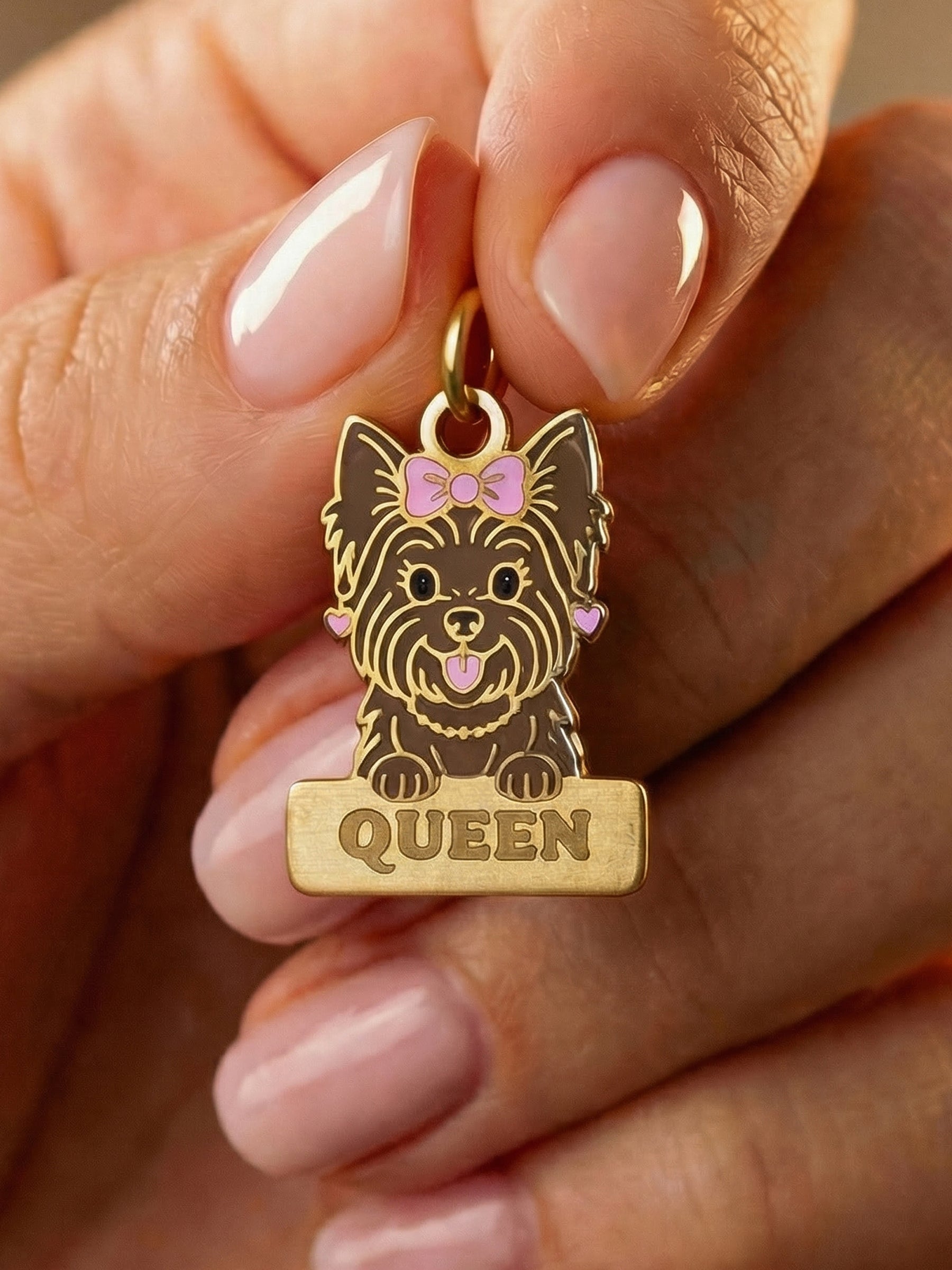 Kişiselleştirilebilir Yorkshire Terrier köpek künyesi, isme özel yazı seçeneğiyle sevimli ve şık tasarım.